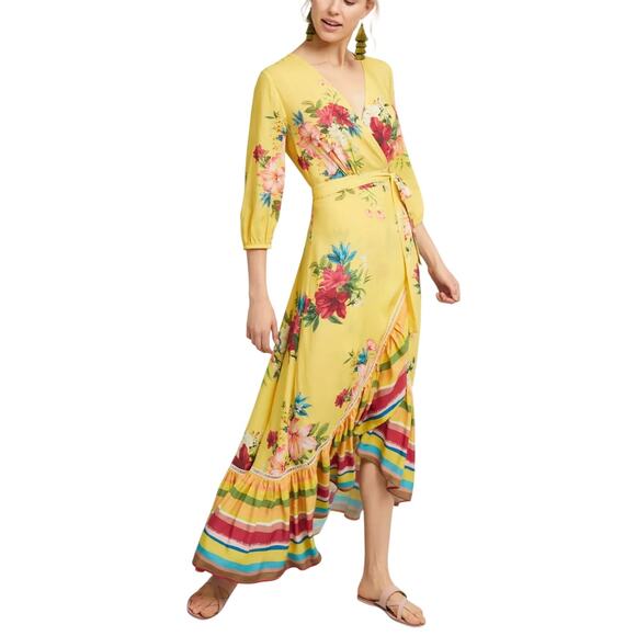 FARM Rio Dresses & Skirts - FARM Rio Anthropologie Marketplace Wrap Dress XS Yellow Floral Maxi Resort Boho